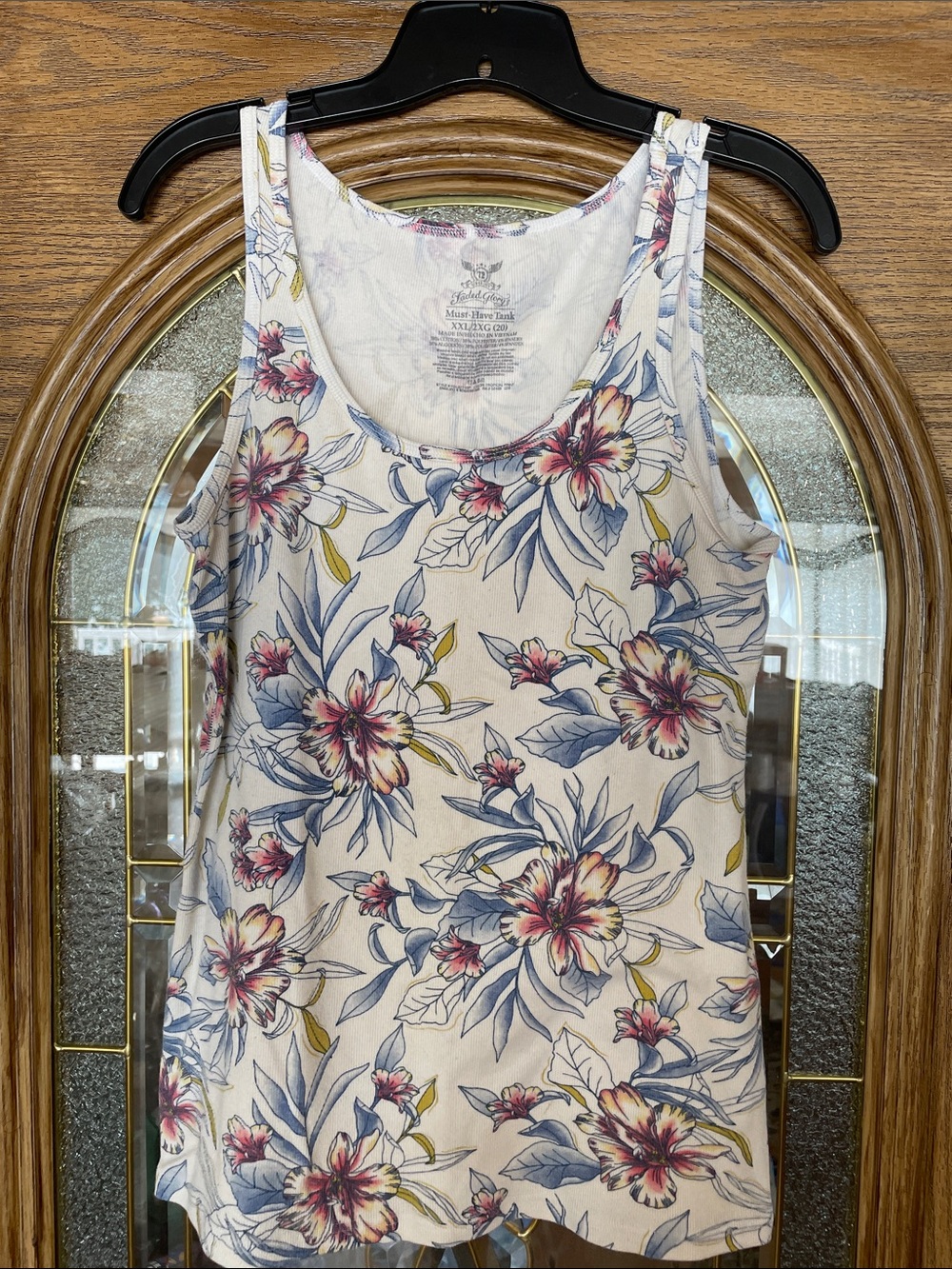 Faded Glory Floral Scoop Neck Tank - White with Blue & Pink Accents